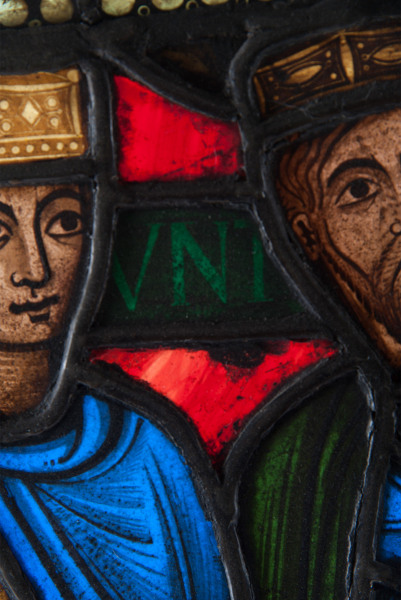 A stained glass panel depicting The Three Kings