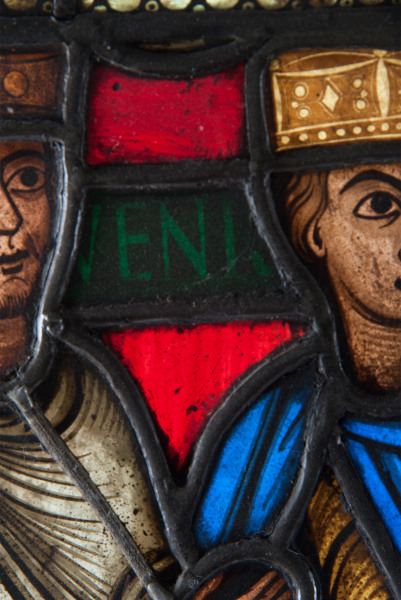 A stained glass panel depicting The Three Kings