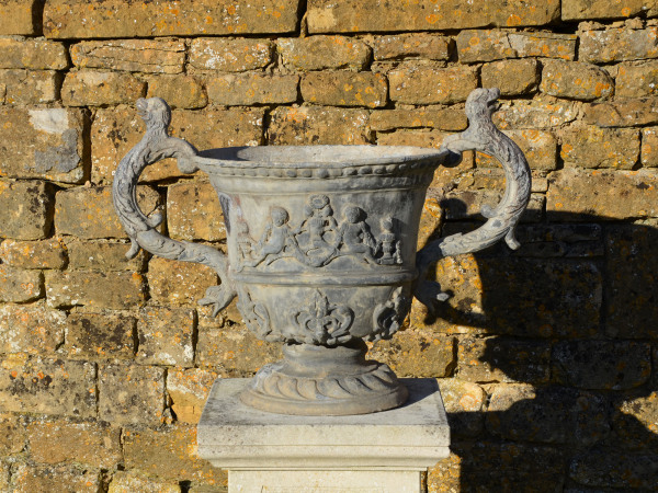 A large pair of lead urns 