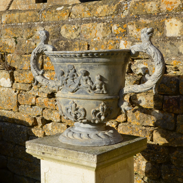 A large pair of lead urns 