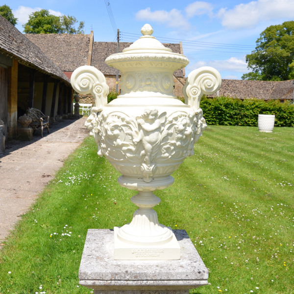  A decorative cast iron urn in the renaissance style