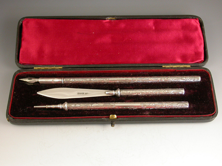 Victorian Leather Cased 3 Piece Silver Writing Set by William Neale ...